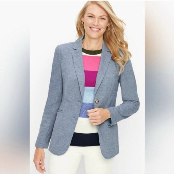 Talbots Womens 12 Blue Easy Knit Blazer Crest Buttons Career Stretch Material - Picture 1 of 11